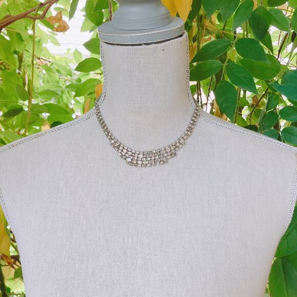 Vintage 1950s Clear Rhinestone Choker Necklace Mid Century Silver Tone Cocktail - Picture 5 of 12